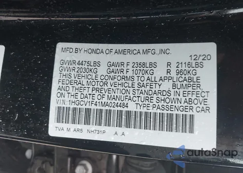 2021 Honda Accord Sport Special Edition from USA, damaged, VIN 1HGCV1F41MA024484